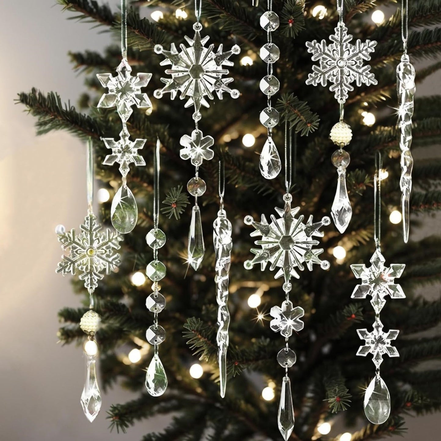 Cross border 18 pieces Christmas tree decorations, acrylic crystal Christmas ornaments, snowflakes and icicles Christmas tree pendants