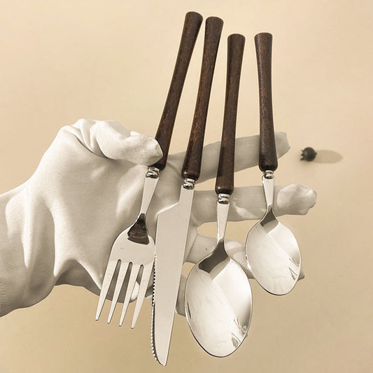 Cross-border 304 stainless steel wooden handle western tableware shiny small waist steak knife, fork spoon, dessert spoon four-piece set