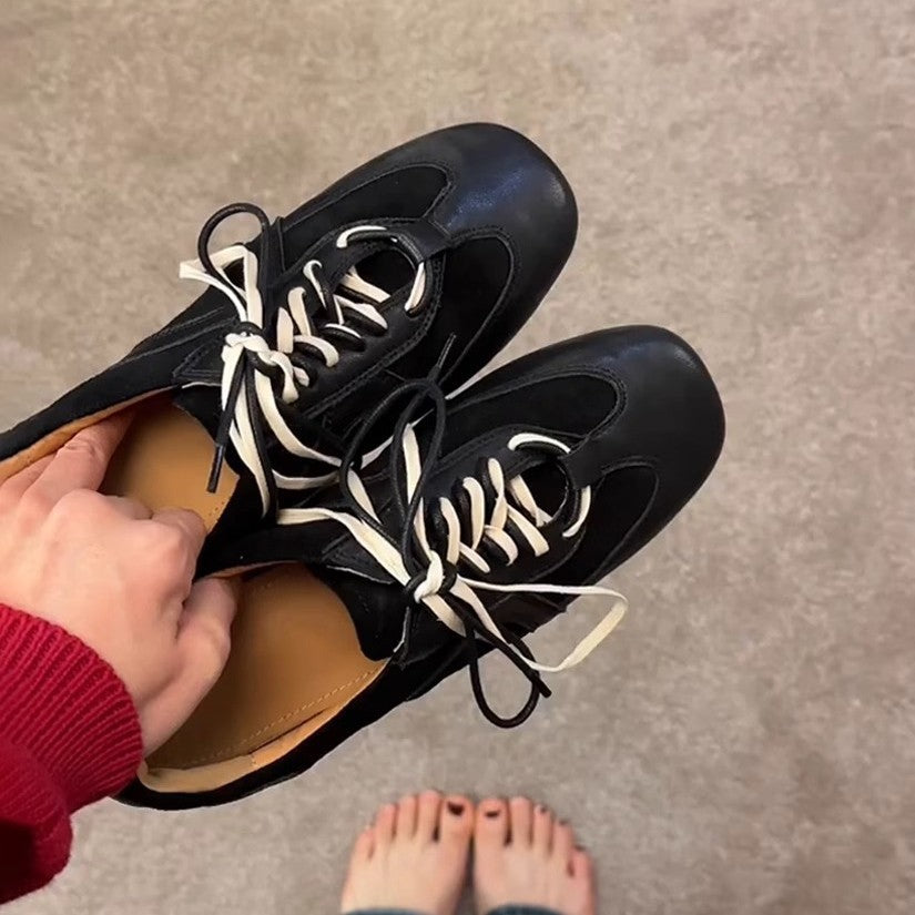 Cowhide version ~ retro black German training shoes lace-up Forrest Gump shoes women's inner height, casual board shoes, versatile sneakers