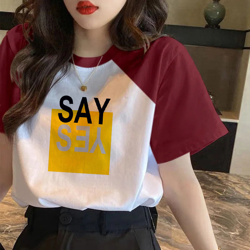 100 cotton contrasting short sleeve t-shirt women's 2024 new spring and summer loose body shirt versatile top ins tide girl