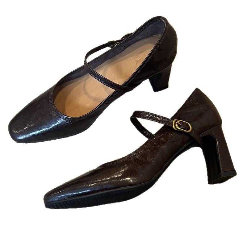Soft sheepskin black high heels 2025 spring and autumn new French retro block heel strap Mary Jane women's singles
