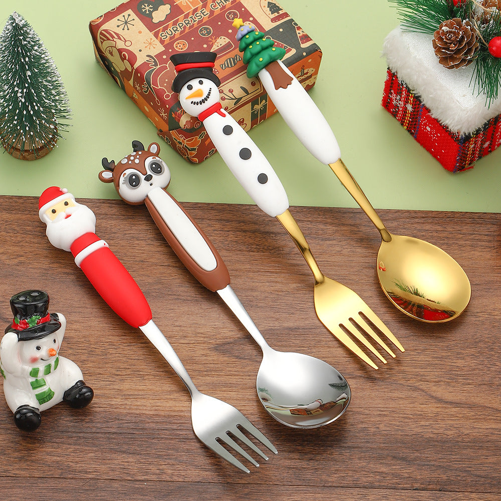 Amazon New Christmas Stainless Steel Spoon Fork Cartoon Doll Dessert Spoon Fork Christmas Tableware Gift Box Set