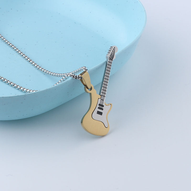 Guitar necklace men's hip hop titanium steel pendant men's and women's rock 'n' roll personality jewelry pendant sweater chain stainless steel jewelry