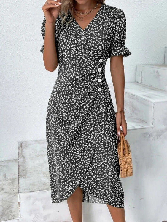 European and American independent station summer hot sale slim women's geometric collage puff sleeves irregular hem dress