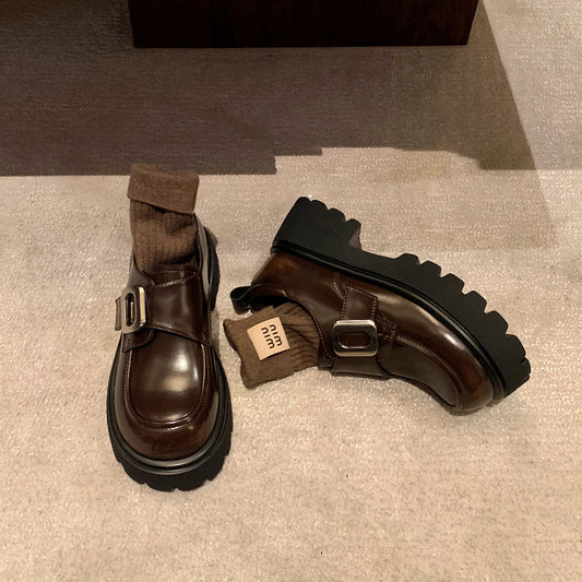 Sheepskin version ~ leather thick-soled flatform college style slip-on loafers women's British style retro small leather shoes single shoes