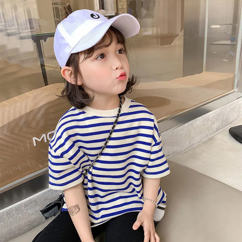 Factory direct sales children's cotton short sleeve T-shirt 2025 summer new girls boys striped half-sleeve one piece dropshipping