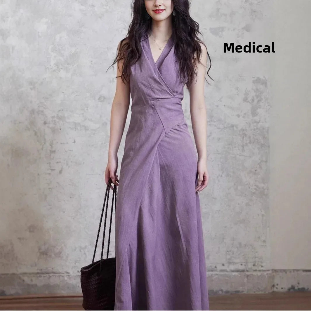 Two sheep design [Qingwan] temperament purple V-neck halterneck long skirt women's tie design sense dress