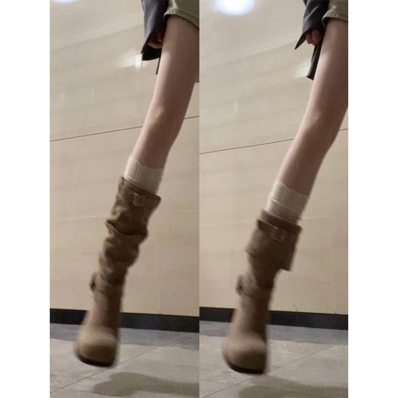 Cowhide version ~ western cowboy boots, women's belt buckle boots, but knee pile boots, thick heel slim knight boots