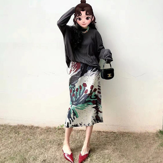 Miyake 2024 Summer Age Reduction Korean Version Gorgeous Fireworks Retro Slit Step Cover Crotch Hip Skirt Woman
