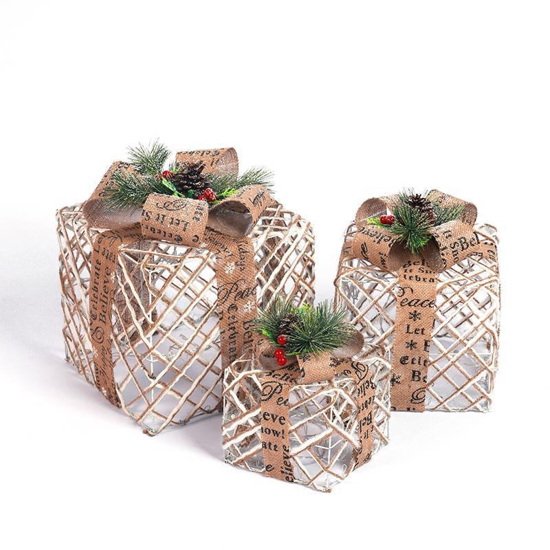 2023 New Cross-border Supply Luminous Three-Piece Christmas Decoration Box Christmas Wrought Iron Ornaments Flocking Gift Box
