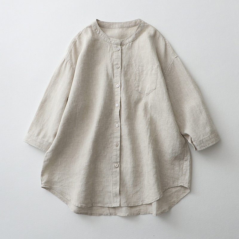 2025 summer linen shirt stand-up collar three-quarter sleeve white shirt loose plus size sunscreen shirt japanese cotton and linen women's clothing