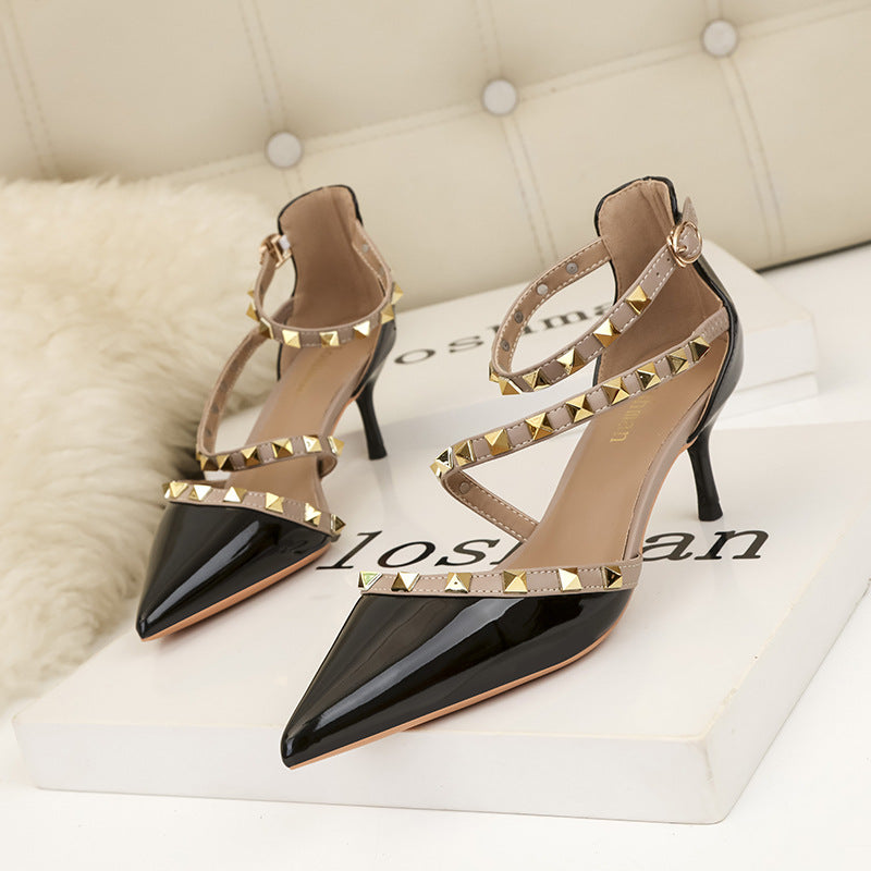 1138-13 European and American simple sexy nightclub stiletto high heels shallow mouth pointed toe rivet hollow sandals with a word