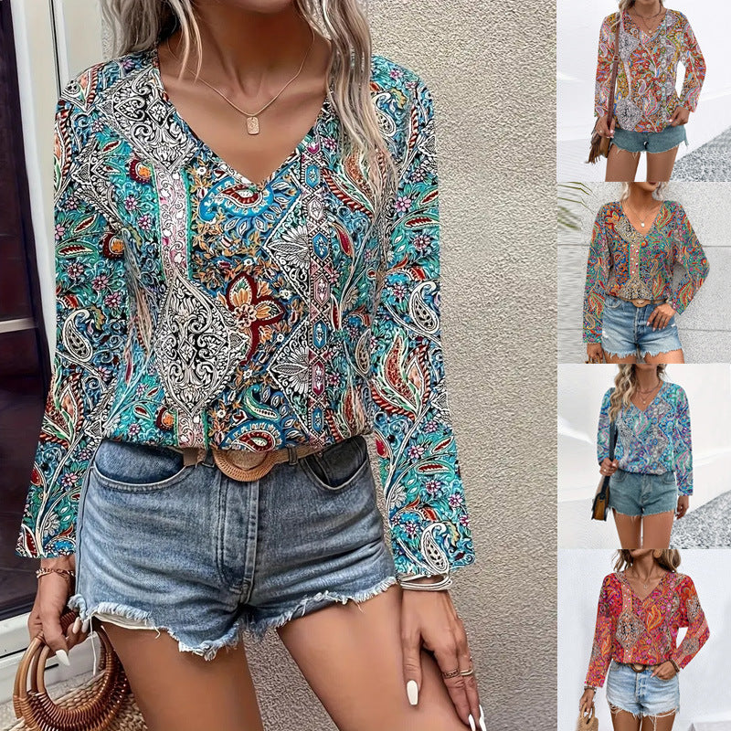 2025 European and American New Hot Selling Women's Boho Shirt Paisley Print V-Neck Long Sleeve Shirt Women's Wear
