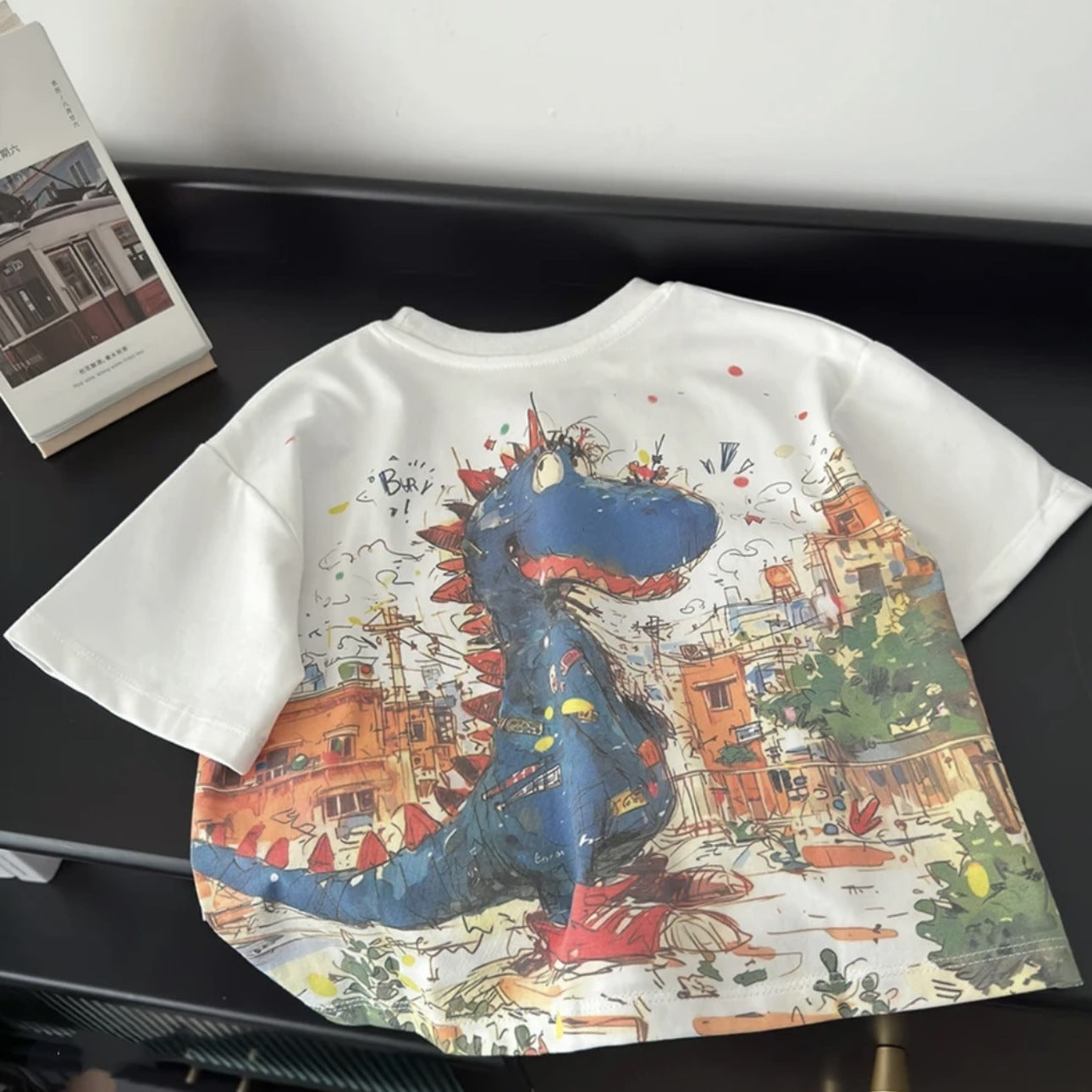 New kids summer casual round neck digital print dinosaur short sleeve t-shirt boys fashion wear cotton top
