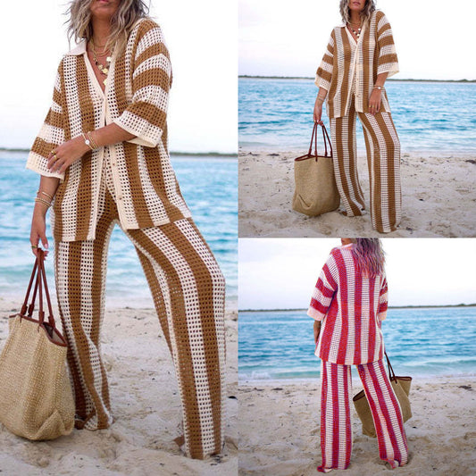 Summer European and American Women's Amazon 2024 Fashion V-Neck Cutout Striped Shirt Loose Knit Wide-leg Pants Set