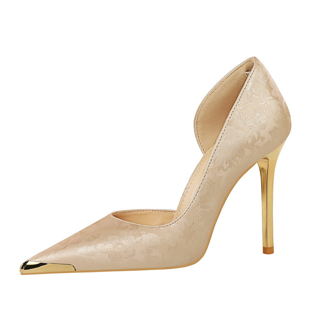 European and American style banquet national style women's shoes, high heels, thin heels, shallow side cutouts, openwork satin, metal pointed toe shoes