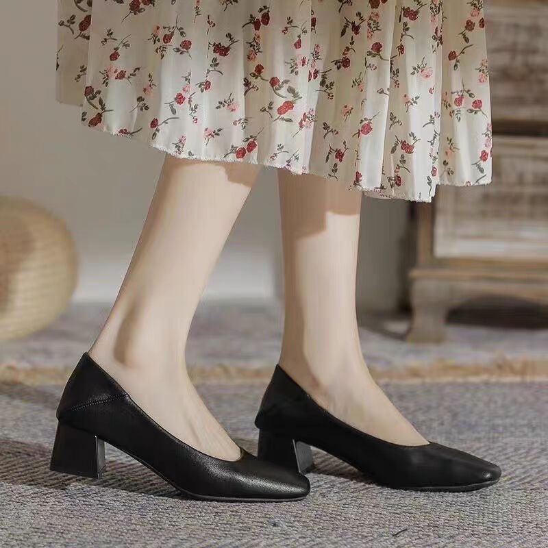 Giant soft! Soft leather French medium heel, shallow square toe, thick heel nude shoes, cheongsam single shoes, work leather shoes, commuter women's shoes