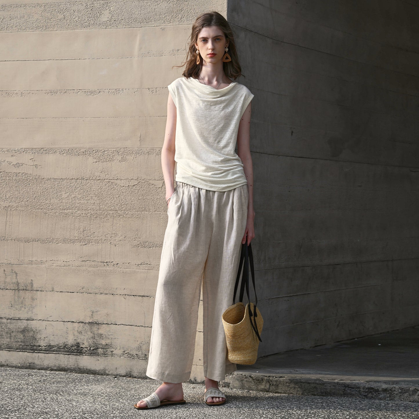 100% hemp one-shoulder swing neck knit short sleeve summer high-end light sheer slim top French slouchy shirt