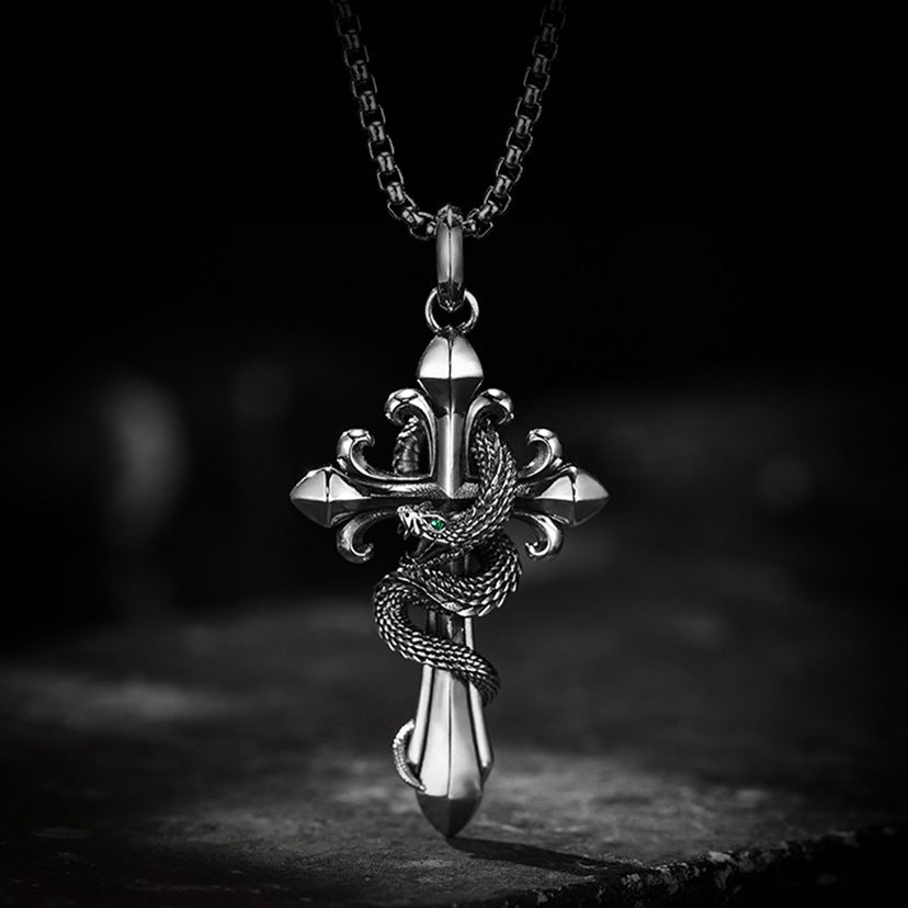 Retro national style natal year [spirit snake] kite blessing national tide cross pendant necklace male and female personality pendant necklace men