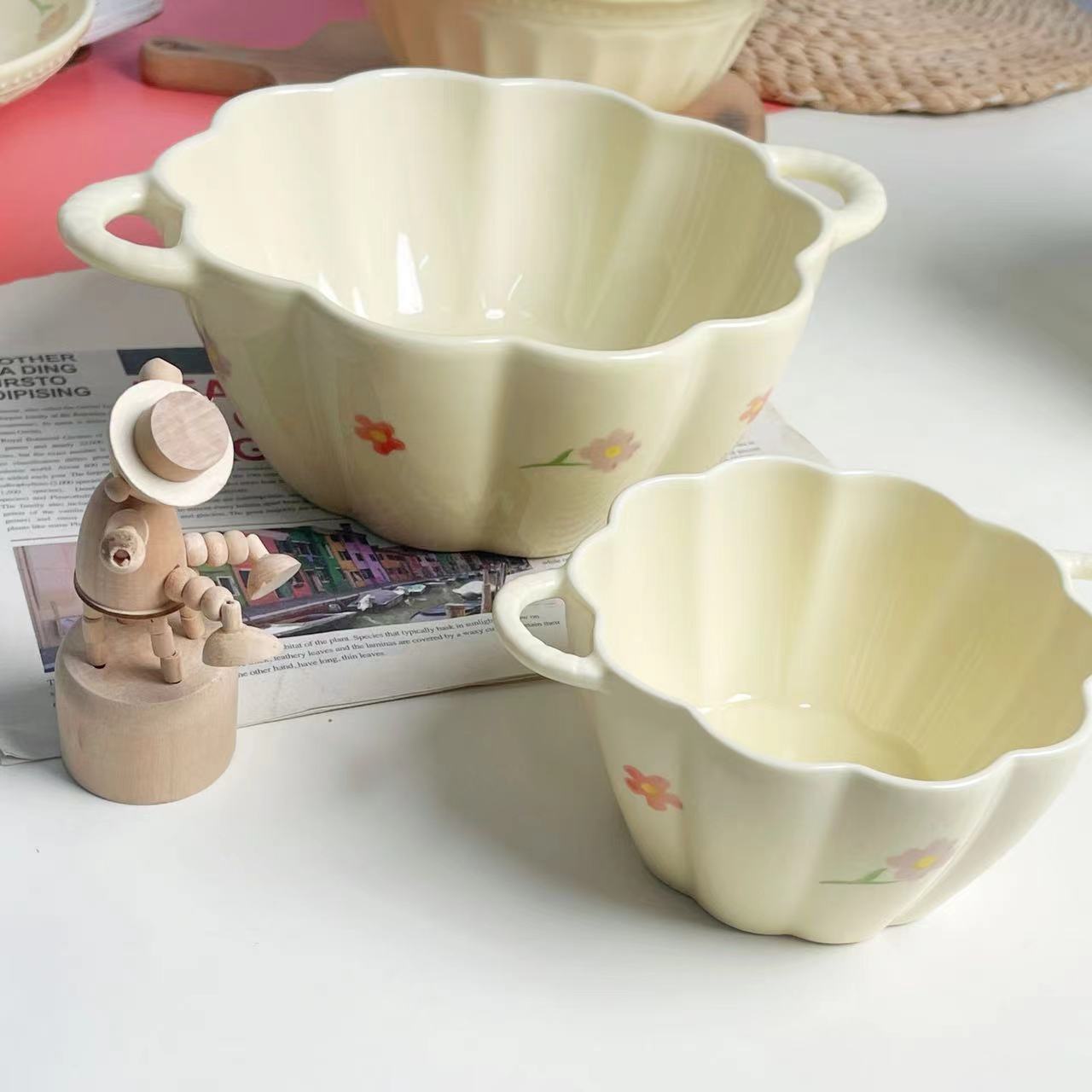 Cream style ins style household number pumpkin bowl with spoon combination single meal tableware ceramic rice bowl noodle bowl salad bowl