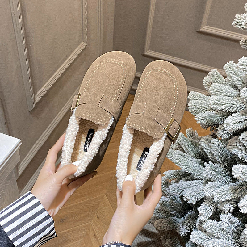 Birkenstock women's 2023 new autumn and winter maternity shoes one-foot pedal women's shoes plus fleece bean soft-soled Birkenstock shoes are all-inclusive