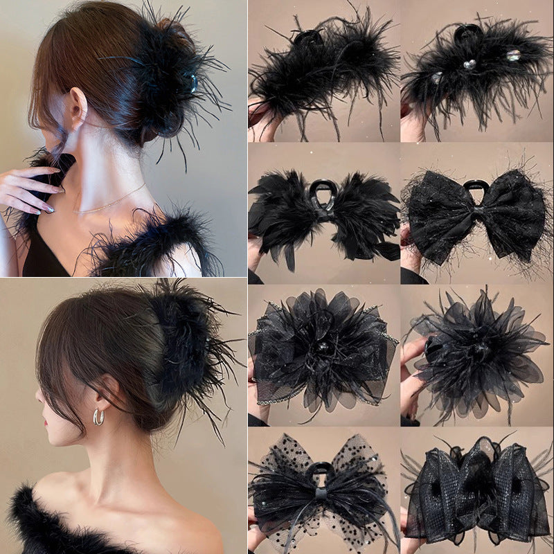 Feather grab clip large ostrich feather hair clip female bow shark clip black Japanese and Korean clip headwear