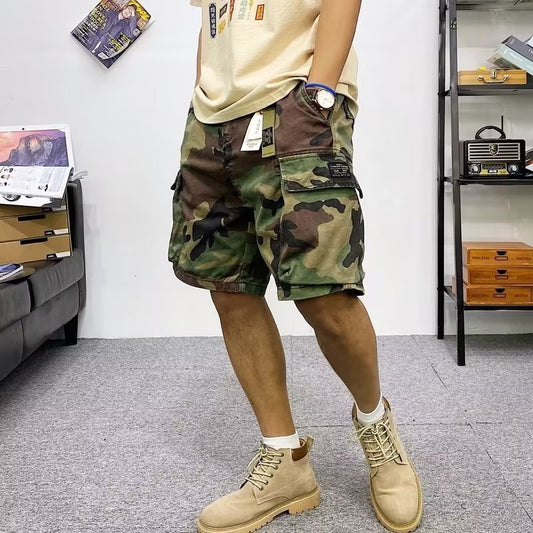 Camouflage cargo shorts, men's trendy brands, ins, straight, trend, sports pants, loose five-point casual pants, men's pants