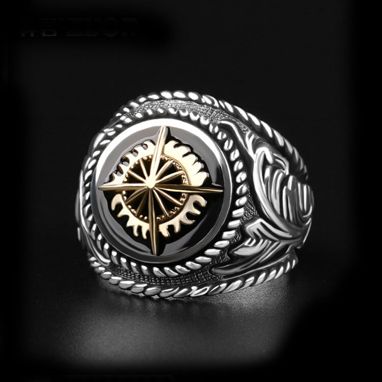 Chiba S925 Thai silver ring men's personality hip hop vintage golden glow European gourmet ring single ring Ziba