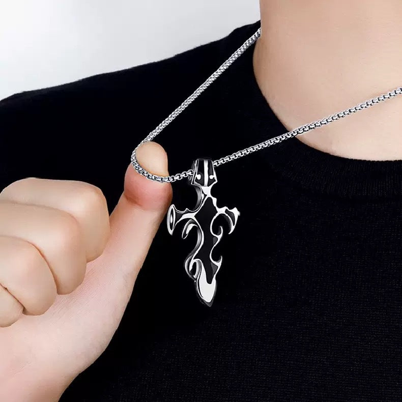 European and American hip hop style titanium steel flame cross pendant premium sense men's necklace wholesale versatile sweater chain accessories