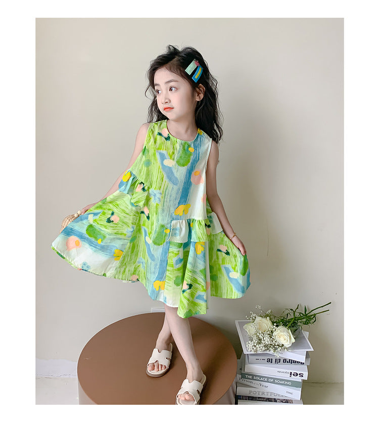 Girls Summer Dress 2025 New Style Foreign Girl Seaside Vacation Dress Summer Children's Colorful Sleeveless Skirt