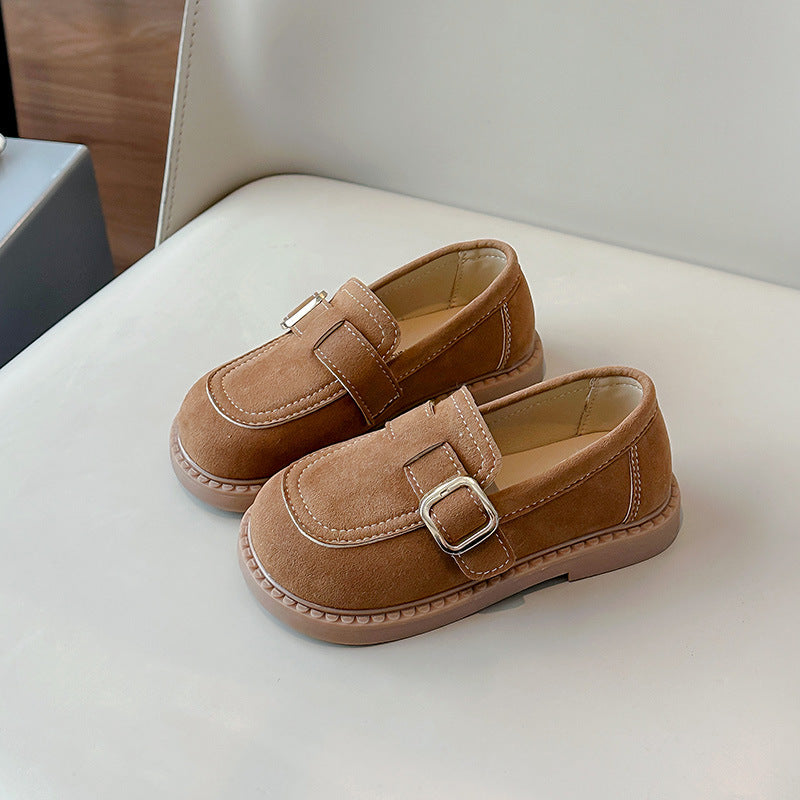 2026 Spring and Autumn New Children's Versatile Flat Single Shoes Boys' One Kick Beanie Shoes Girls' British Loafer Leather Shoes