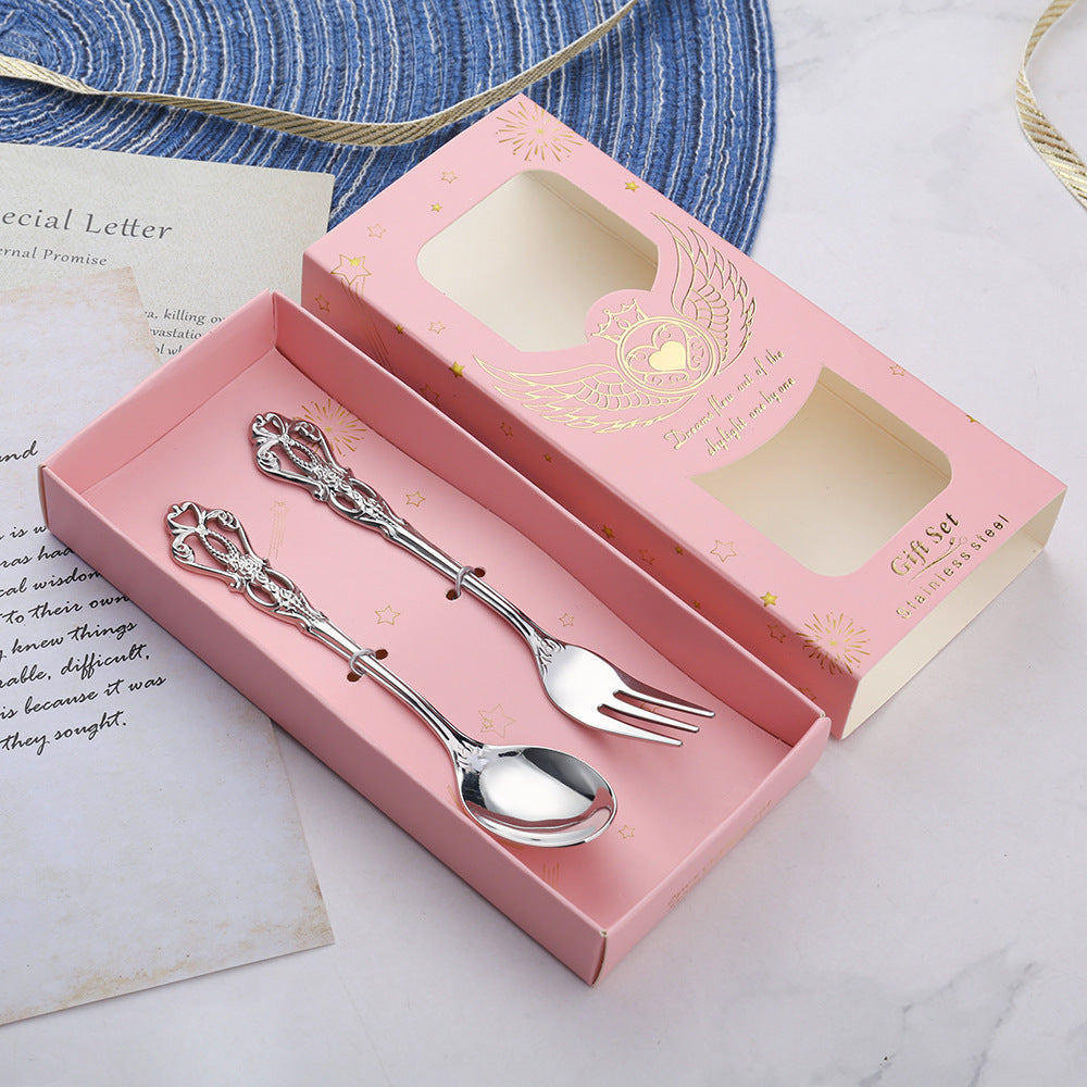 Royal Hollow Embossed Dessert Spoon Three-Tooth Fork Stirring Spoon Set European Style Carved Tableware Gift Vintage Spoon