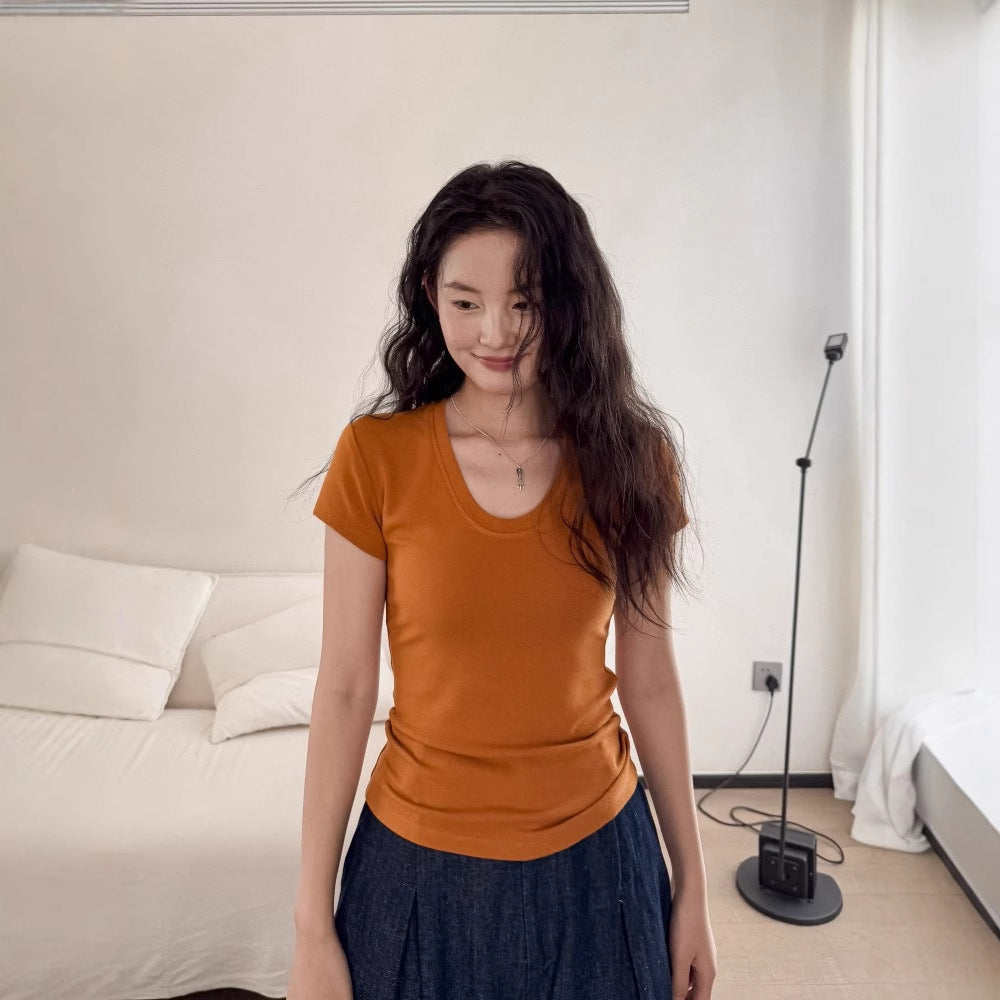 U-neck high-elastic shoulder slim T-shirt DIGM spring and summer hot minimalist slim base shirt short sleeve T-shirt women's 60382