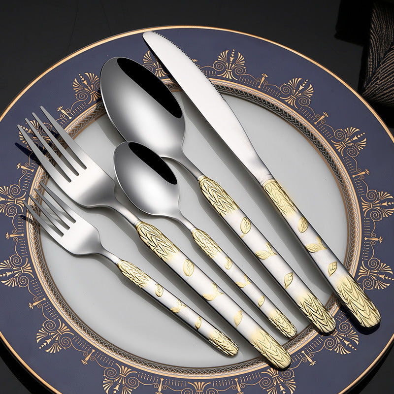 Vintage round handle wheat ears stainless steel cutlery spoon set home dessert spoon fork hotel western steak cutlery cutlery