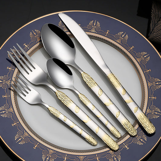 Vintage round handle wheat ears stainless steel cutlery spoon set home dessert spoon fork hotel western steak cutlery cutlery