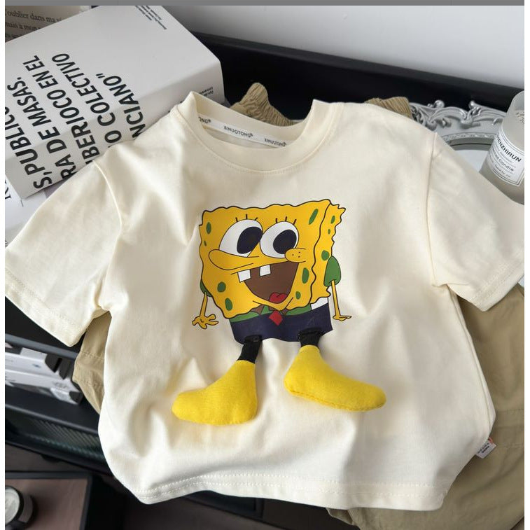 Summer boys and girls short sleeve small and medium-sized children three-dimensional doll t-shirt cute SpongeBob SquarePants print cartoon top tide