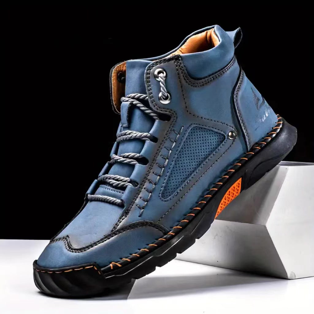 Cross border plus size men's PU leather boots men's fashion hand-stitched ankle boots flat lace-up casual shoes