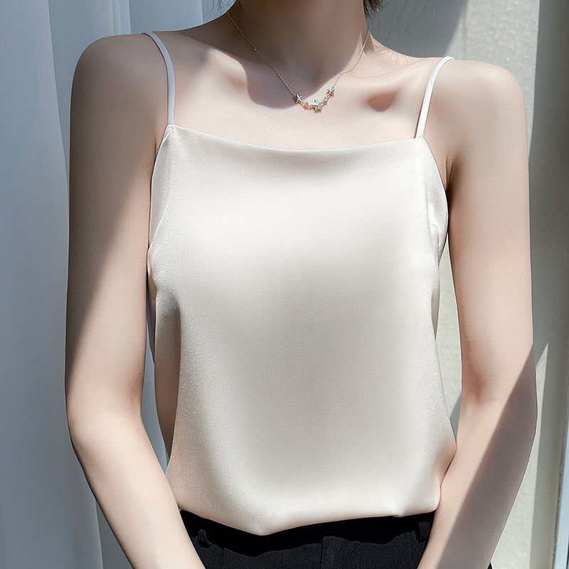 The new summer 2023 suspender silk wear suit with acetate satin neckline temperament top and vest inside