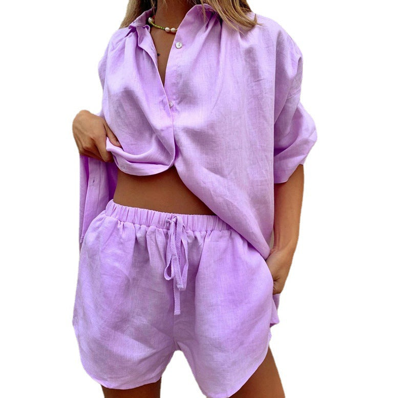 Europe and the United States 2024 summer new women's solid color single-breasted short-sleeved shirt two-piece wide-leg pants lace-up shorts