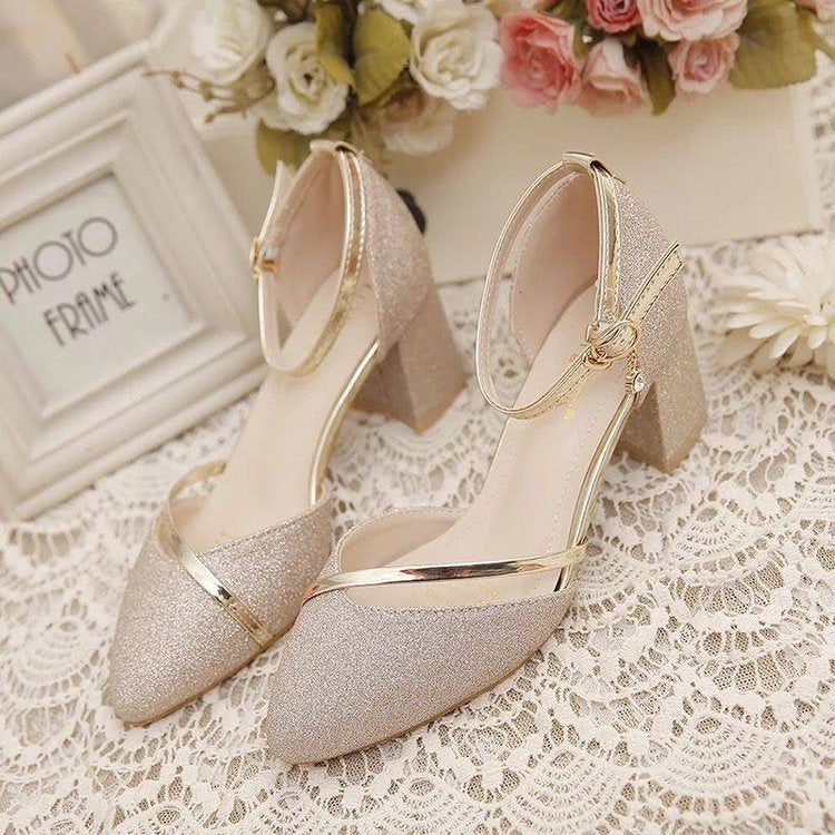 Pointed toe thick heel shoes women's 2022 new daily style toe square root women's shoes buckle strap high heel shoes wholesale