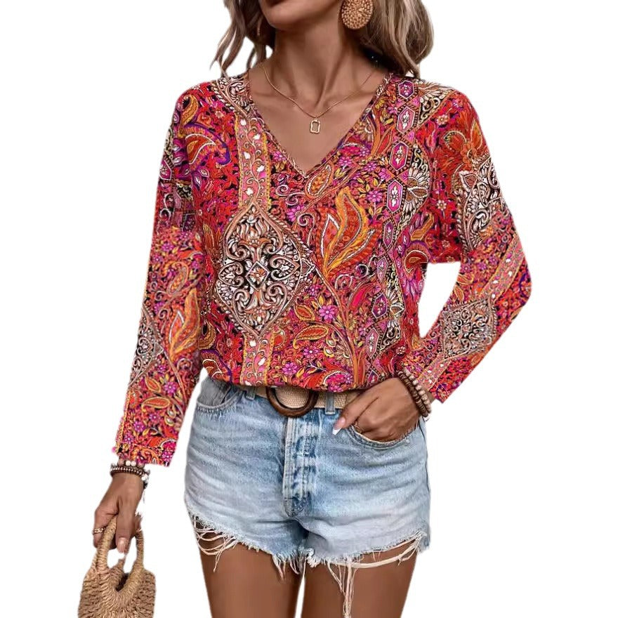 2025 European and American New Hot Selling Women's Boho Shirt Paisley Print V-Neck Long Sleeve Shirt Women's Wear