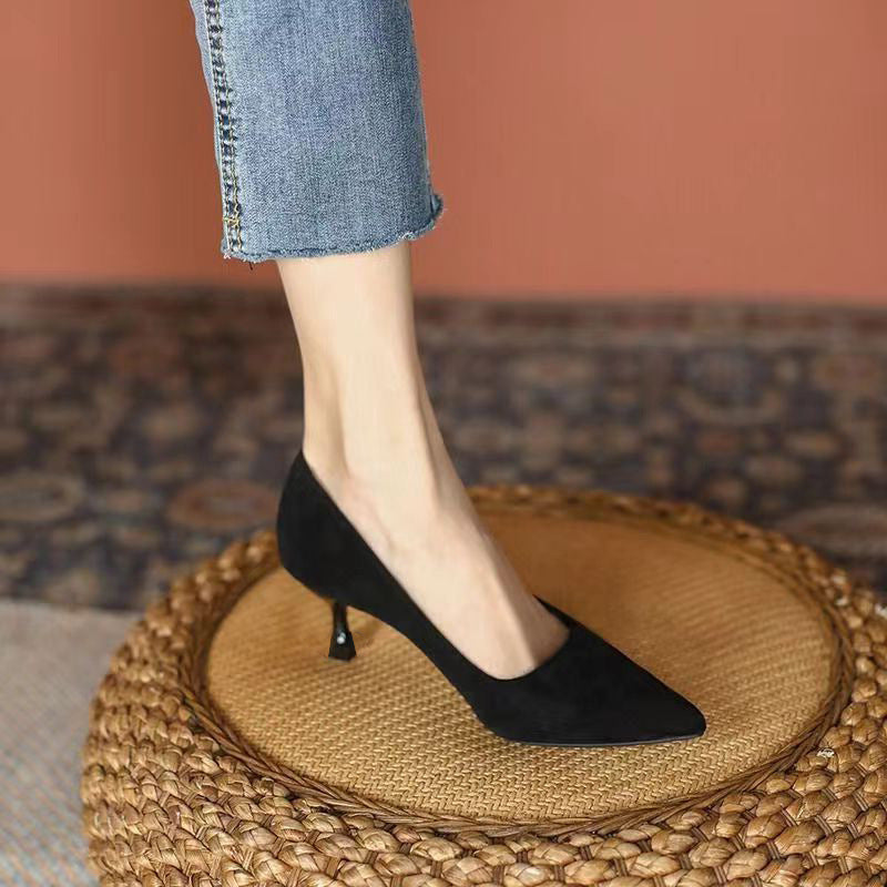 Black suede high heels, women's etiquette, professional single shoes, thin heel temperament, shallow mouth, versatile work shoes, 2025 new shoes