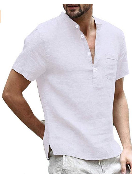 European and American hot sale men's solid color stand-up collar semi-open thin short-sleeved shirt tops foreign trade men's clothing