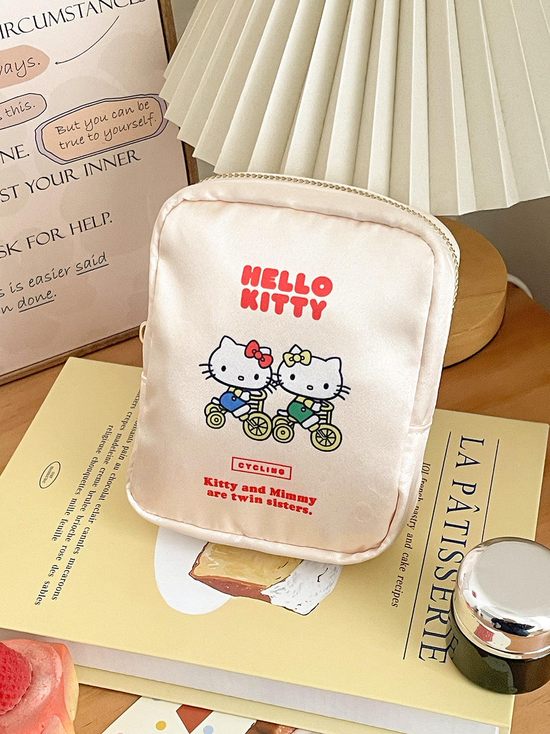 Satin kt cat makeup bag cute cartoon beige print storage bag for travel portable toiletry bag