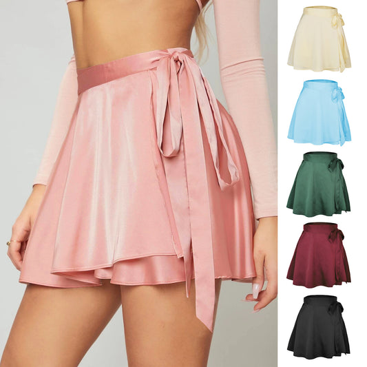 Summer 2023 Amazon explosive solid color skirt high-waisted fashion one-piece lace-up short skirt chiffon satin wrap skirt