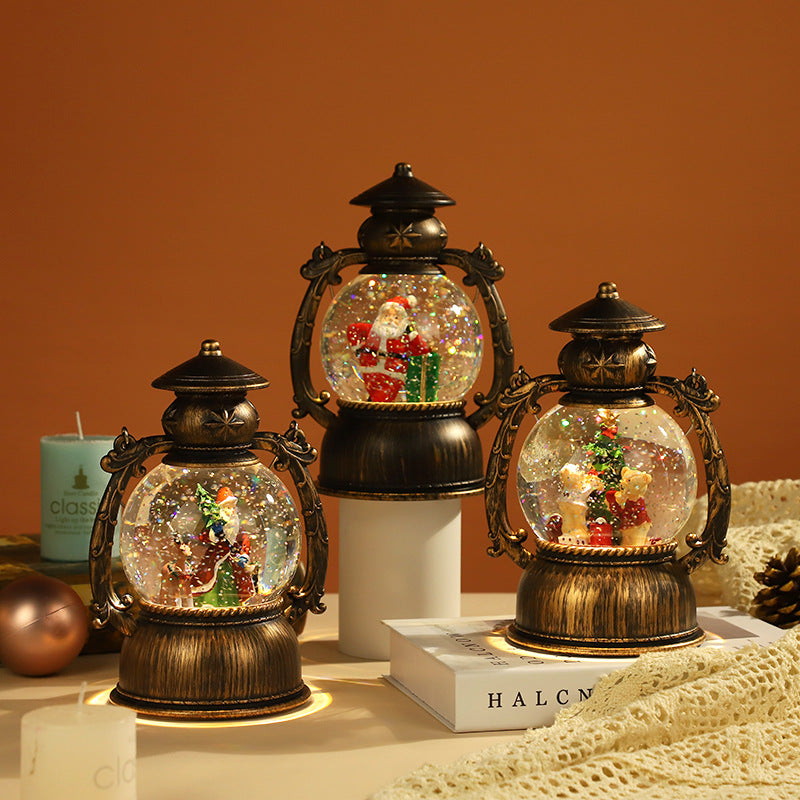 Cross-border Christmas music box lantern water and snow Christmas music box retro night light music box ornament