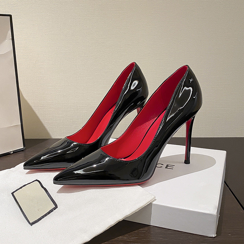 Red bottom high heels women's stiletto sexy black bed pointed toe high-heeled patent leather size French single shoes women