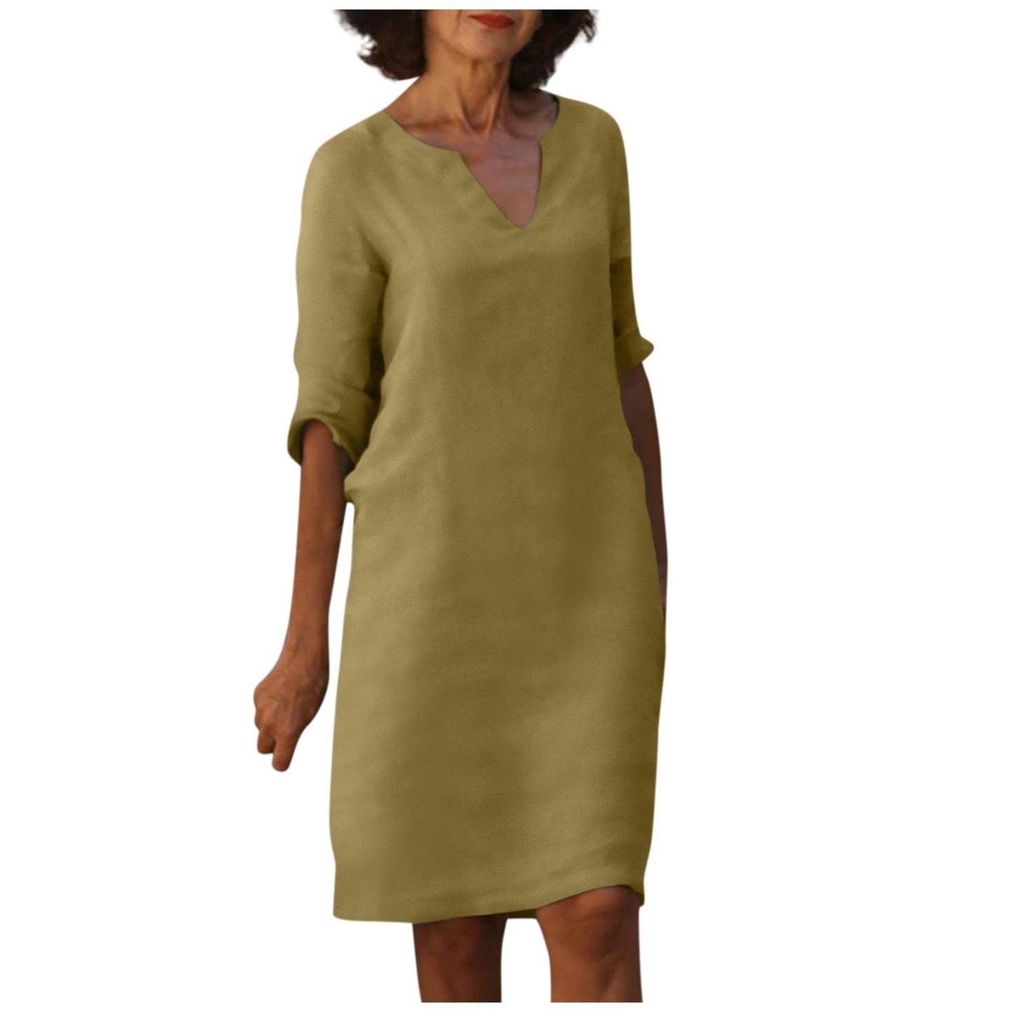 Amazon European and American cotton and linen V-neck stitching retro high-waisted solid color three-quarter sleeve dress cotton and linen wash crinkled fabric