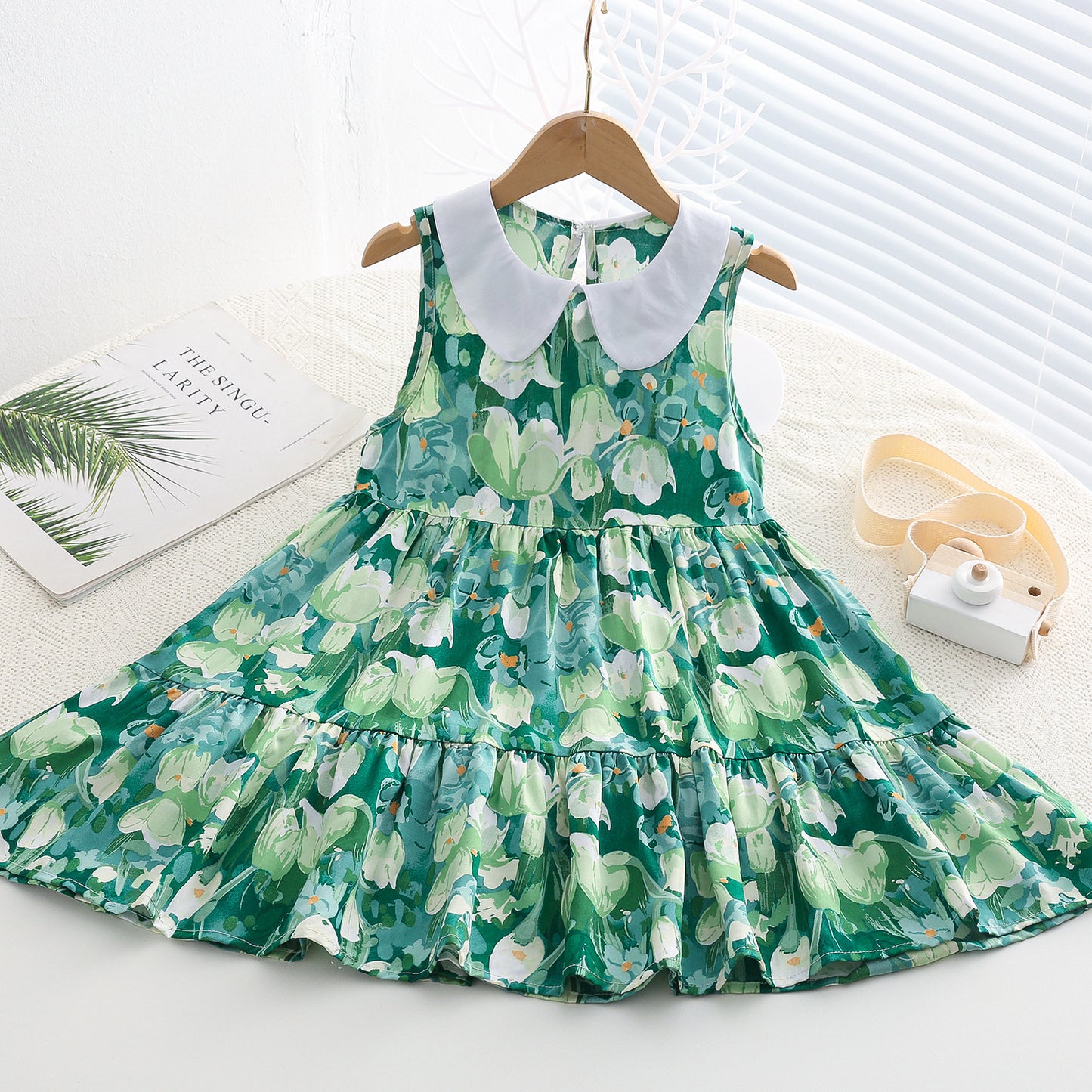 Girls Floral Cotton Silk Dress Summer New Children's Rayon Skirt Medium and Big Boy Doll Collar Princess Dress