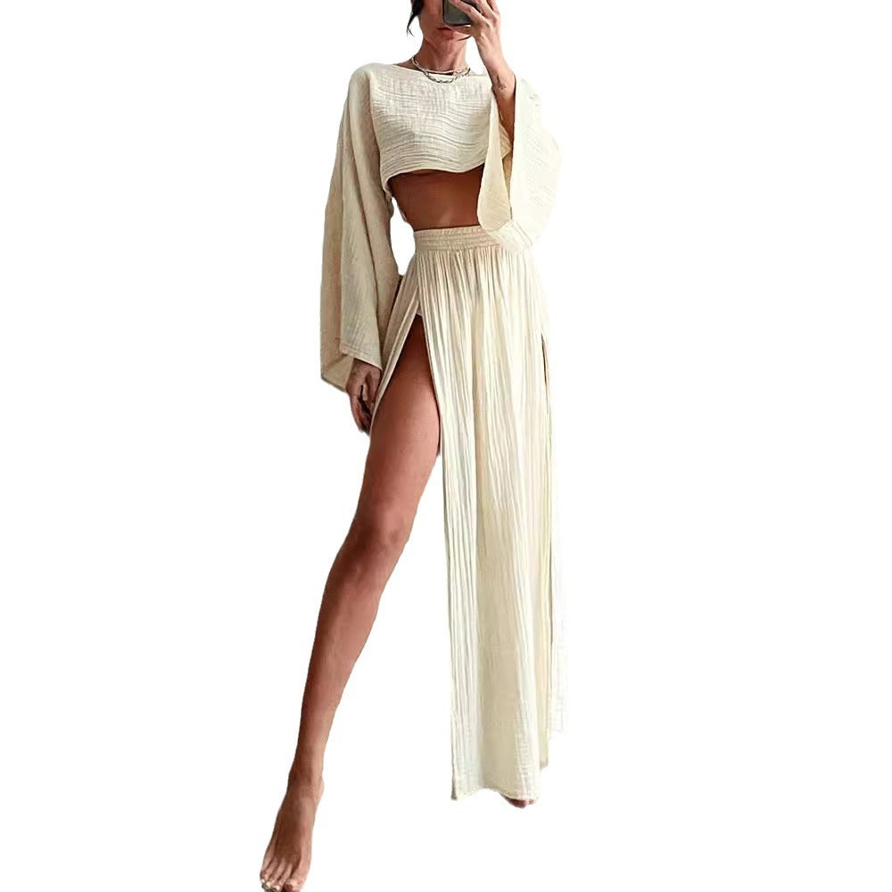 2024 casual vacation linen-blend crop top, high-waisted chic slit, cotton and linen casual two-piece set